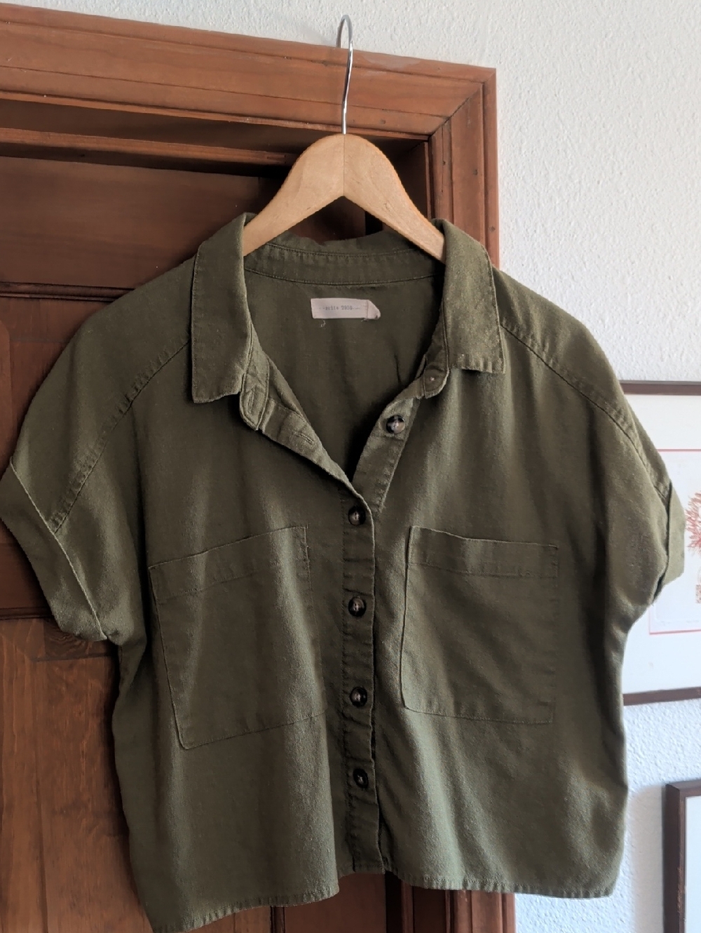 Olive Green Linen Blend Button-Front Crop Shirt